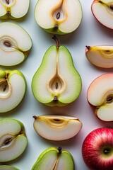 Fresh pear and apple slices arranged artfully on white background, perfect for healthy eating and culinary projects