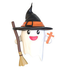 3d adorable ghost character halloween witch with broom