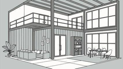 Modern Shipping Container House Interior Design Vector Art, Creative and Stylish Container Home Layouts, Minimalist Industrial Decor, and Functional Space Planning Illustrations