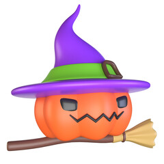 3D halloween pumpkin with witch hat on a broomstick