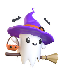 3d adorable ghost character with a purple color witch Hat holding pumpkin bucket on a broomstick Bat fly around