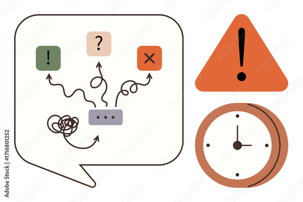 Aufkleber speech bubble with tangled paths, question mark, checkmark, and cross icons, warning triangle, and c