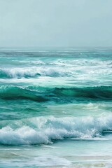 Fototapeta premium Ocean waves crashing on sandy beach, misty sky background, coastal decor