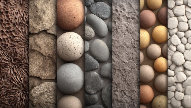 Vertical array of various stone and pebble textures