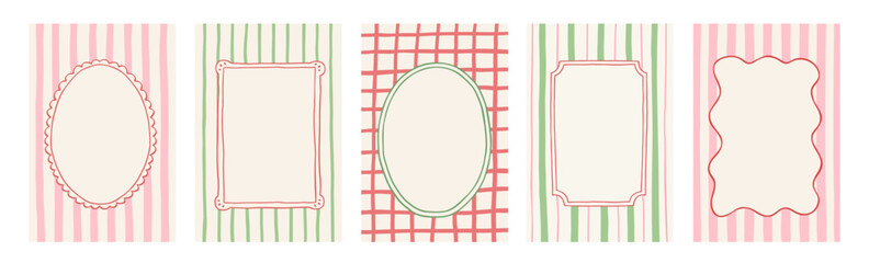 Fototapeta na wymiar Set of Christmas hand drawn border frames. Xmas trendy vintage backgrounds in red, green and pink colors. Minimalist holiday posters, invitation, greeting card. Vector illustration.