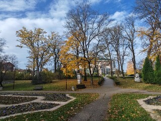 Autumn park path with trees benches and flowerbeds