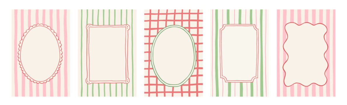 Set of Christmas hand drawn border frames. Xmas trendy vintage backgrounds in red, green and pink colors. Minimalist holiday posters, invitation, greeting card. Vector illustration.