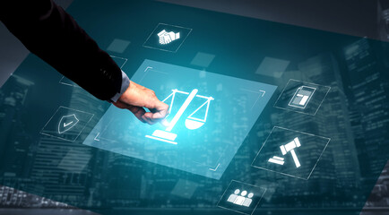 Legal compliance and governance concept showing justice scale, courthouse, contract, policy,...