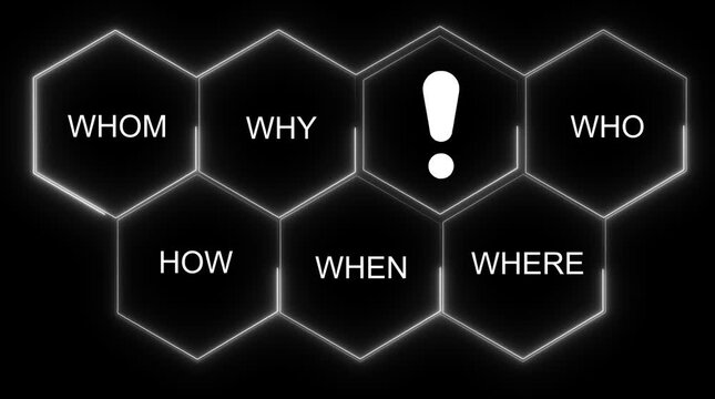 5 Ws questions and exclamation mark in hexagonal neon frames on black background for concept of inquiry investigation analysis problem solving strategy planning and decision making