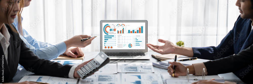 Poster business intelligence and data analysis concept. analyst team working on financial data analysis das
