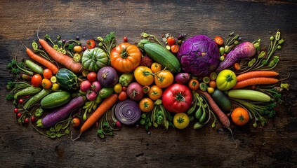 Vibrant array of fresh colorful vegetables arranged on a dark wooden surface