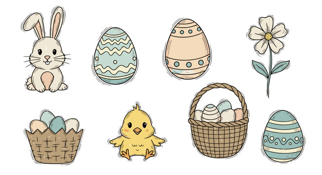 Cute hand drawn easter elements featuring a bunny chick eggs flowers and baskets on a black background