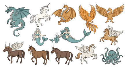 Obraz premium Collection of mythical creatures including dragons unicorns phoenixes mermaids pegasi horses bulls and octopus on black background