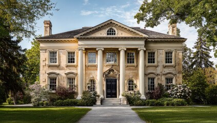 Grand, light-beige mansion with classic columns, facing a manicured lawn