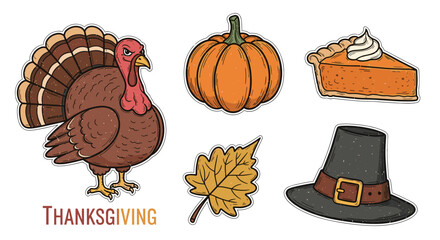 Happy thanksgiving illustration featuring a turkey pumpkin pie leaf and pilgrim hat on black background