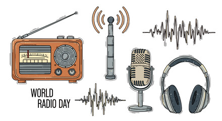Vintage radio microphone headphones antenna and sound waves celebrating world radio day
