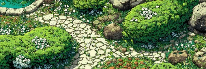 A pixellated garden path winds through lush greenery and amongst rocks