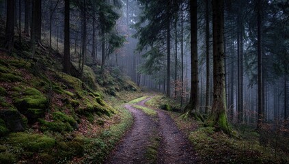 Misty forest path winding through a dense woods