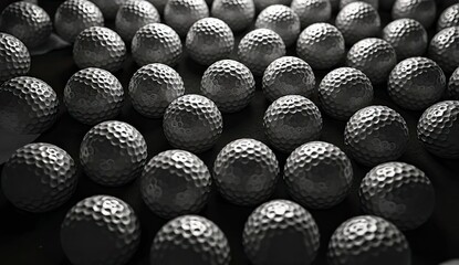 monochromatic, high-contrast photograph featuring a pattern of golf balls. tightly packed arrangement, with the golf balls filling the entire frame, creating a sense of depth and repetition.