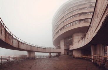 Architectural Enigma: A unique, modern building is shrouded in mist, its curves and lines hinting at a world of design and a touch of mystery. This photo embodies contemporary design principles.