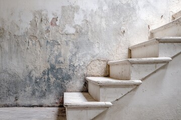 White wooden stairs ascend to a weathered wall