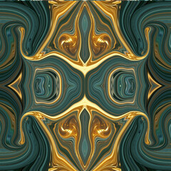 Radiant golden and teal symmetrical abstract art with glowing marble textures, creating futuristic kaleidoscopic elegance. Golden, Teal, Symmetry, Abstract, Kaleidoscope