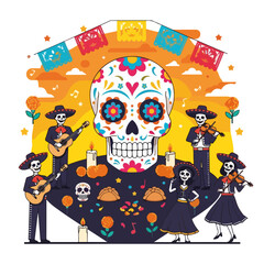 Day of the dead celebration with sugar skull surrounded by musicians playing instruments under decorative banners. Day of the dead celebration includes guitarists and violinists,