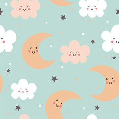 Seamless pattern with cute moon, clouds and stars. Vector illustration on blue background.  It can be used for wallpapers, wrapping, cards, patterns for clothes and other. 