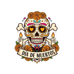 Fototapeta premium Day of Dead sugar skull with orange flowers and candles. Day of the Dead illustration features ornate skull design, vibrant colors, and traditional elements.