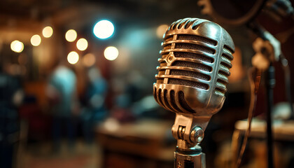 Close up view of a vintage microphone capturing audio, surrounded by blurred figures and warm lighting, evoking the atmosphere of a professional recording studio