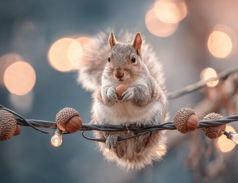 Gray squirrel with nut on string of lights - Powered by Adobe
