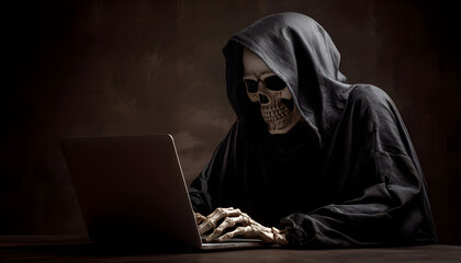 Grim Reaper of Death finding victim online, Internet scam cybercrime fraud, illegal criminal activity on laptop, spam, Halloween cosplay costume, black hooded cape, skull face mask, skeleton gloves