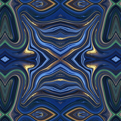 Symmetrical abstract design in blue and gold with fluid marble textures, creating a futuristic and elegant visual art. Keywords: abstract, symmetry, fluid, marble, elegant.
