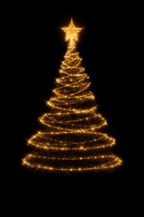 Sparkling golden Christmas tree illustration with star on top against black background