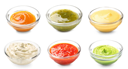 Set of different sauces on white background