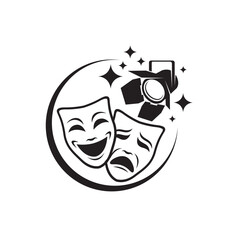 icon of comedy and tragedy theatrical masks with spotlight isolated on white background