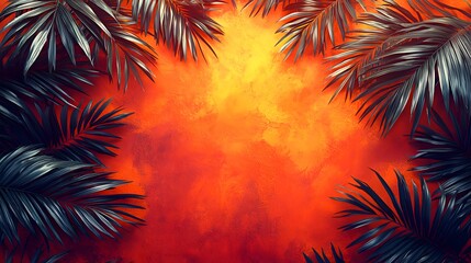 Tropical palm leaves frame on vibrant orange and golden sunset background creating exotic summer evening atmosphere for vacation, travel and nature design.