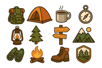 Camping gear and outdoor adventure icon set. Hiking equipment, nature symbols for tourism and travel. Vector cartoon illustration collection with tent, campfire, and mountains.