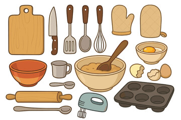 Big set of kitchen utensils for cooking and baking. Vector cartoon icons of culinary equipment like rolling pin, mixer, whisk, bowl, eggs, and muffin tin for food prep.