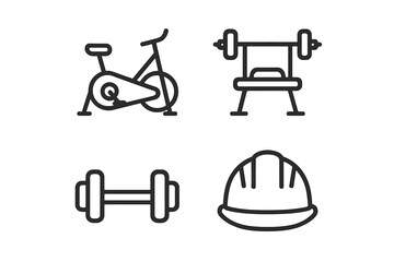 Gym equipment and safety work icons. Minimalist line art vector of exercise bike, weight bench, dumbbell, hard hat. Fitness, workout, and construction symbol set.