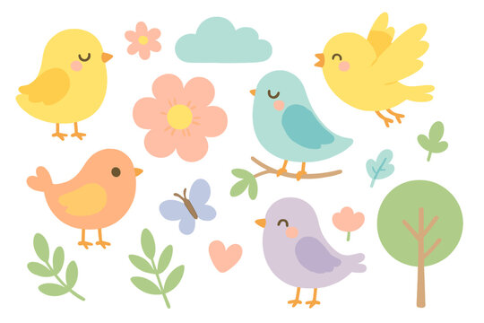 Cute birds and nature elements set in pastel colors. Vector cartoon illustration collection for spring, baby shower, and nursery decor. Flat design kawaii animals and flowers.