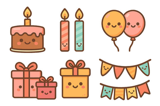 Cute kawaii birthday party icon set. Vector collection with smiling cake, gift boxes, balloons, candles and bunting decoration. Adorable cartoon character elements for celebration design.