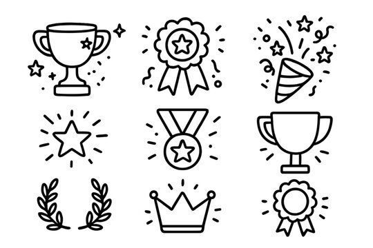 Doodle achievement icon set. Hand-drawn linear style awards and celebratory symbols. Vector cartoon illustrations of trophy, medal, prize, star, and crown for winner.