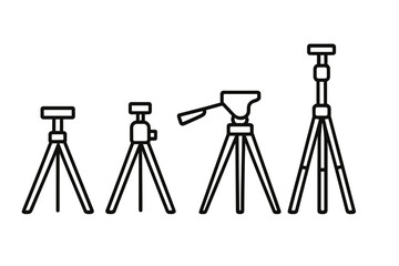 Tripod line art collection. Vector icon set of camera stands for photography and video. Minimalist black professional equipment illustration for creative projects. Studio gear.