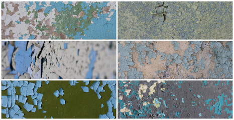 Set of peeling paint textures. Old concrete walls with cracked flaking paint. Weathered rough painted surfaces with patterns of cracks and peeling. Collection of panoramic backgrounds for design.