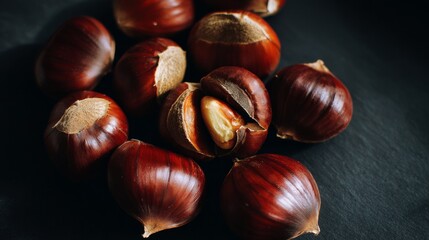 Obraz premium Chestnuts forming a tasty autumn background with their shells showing their shells and the typical autumn colors