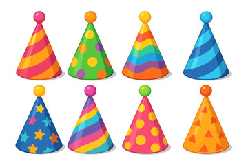 Set of cartoon party hats for birthday celebrations. Colorful 3d vector icons with fun patterns. Isolated cone caps collection for anniversary, holiday and carnival design.