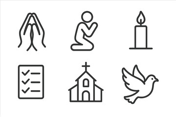 Set of Christian faith and religion line icons. Praying hands, kneeling person, church, candle, and dove of peace symbol. Spiritual worship and prayer vector illustration.