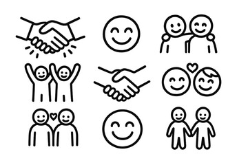 Friendship and relationship line icon set. Handshake for agreement and teamwork. Happy smile, couple in love, people hug and hold hands. Simple minimal vector illustration.