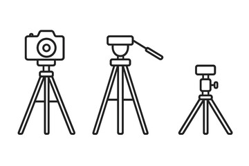 Minimalist linear tripod icons set for photography and videography. Vector illustration of camera, stand, and equipment symbols. Outline graphic design elements for photo and video.